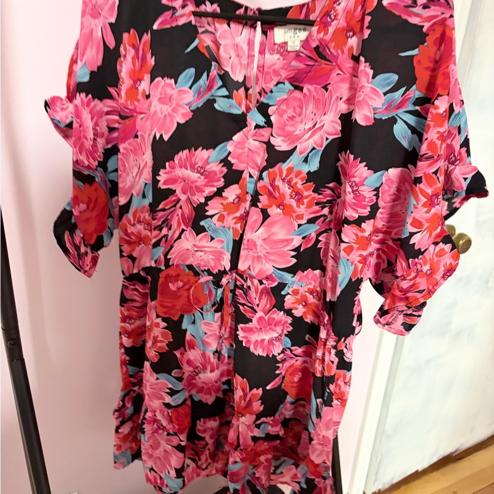 Small EUC Umgee Black Pink Floral Romper with Ruffles, Drawstring Waist